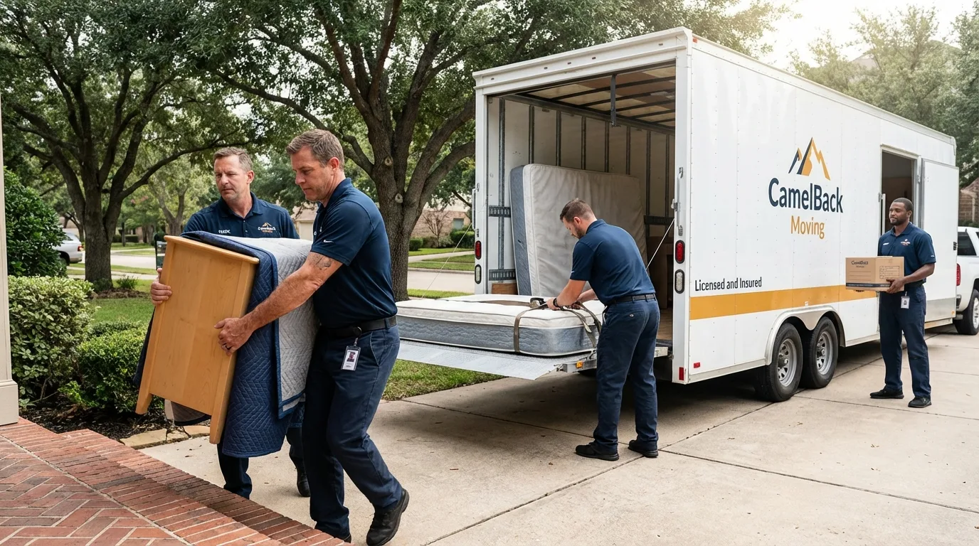 Crew loading residential truck for cross-state move from Combes, TX