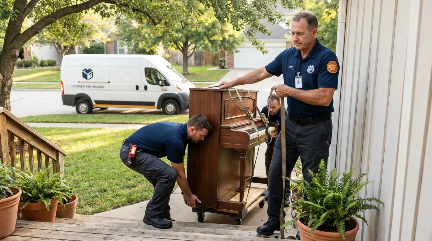 Licensed piano movers securing grand piano in Combes, TX