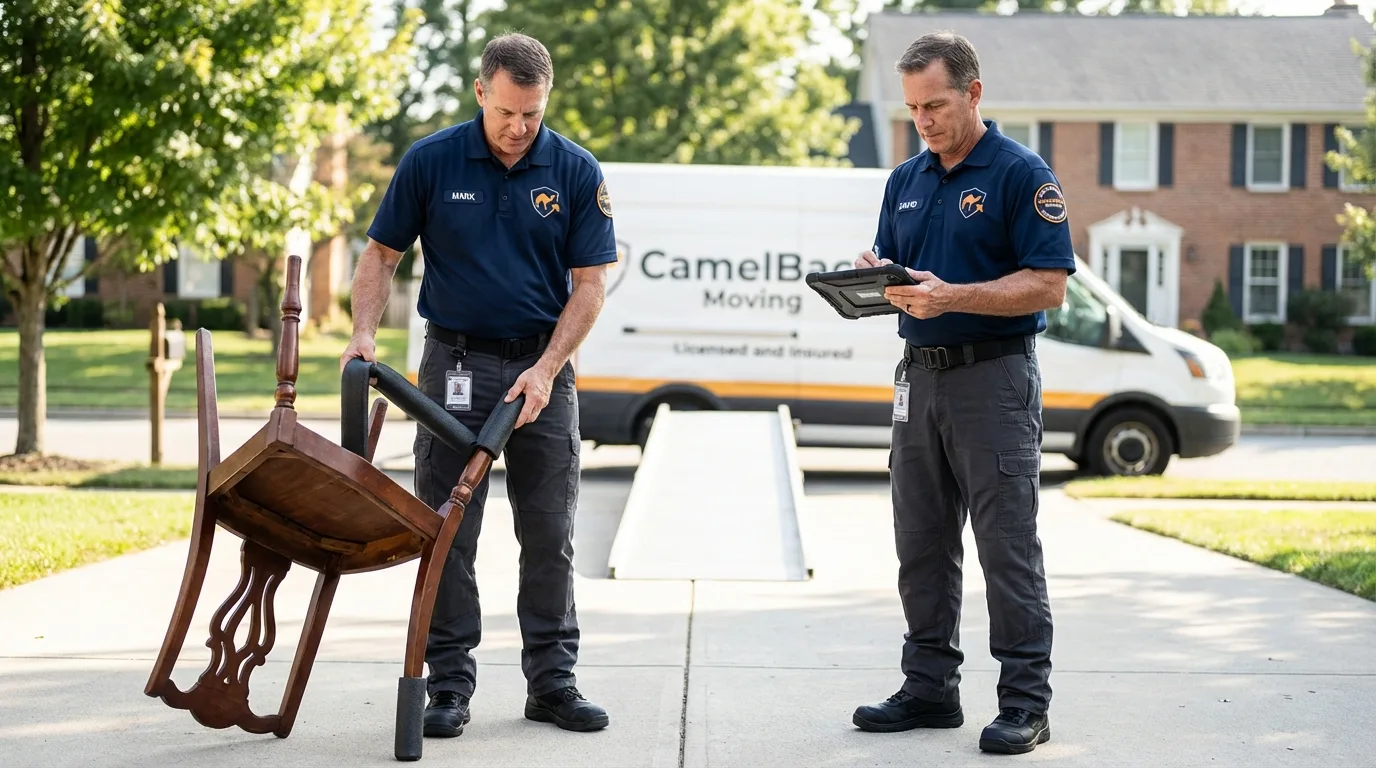 Movers inspecting furniture for damage prevention before loading in Combes, TX