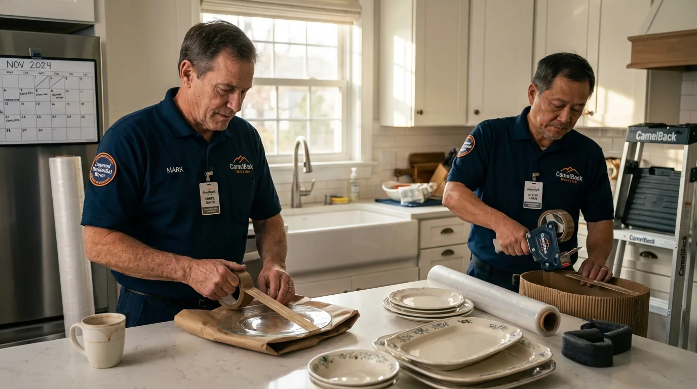 Professional crew packing kitchen dishware in Combes, TX